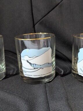 Vintage Ashby Skiing Cartoon Rocks Glasses Set Of Three Gold Rim Low Ball Barwar